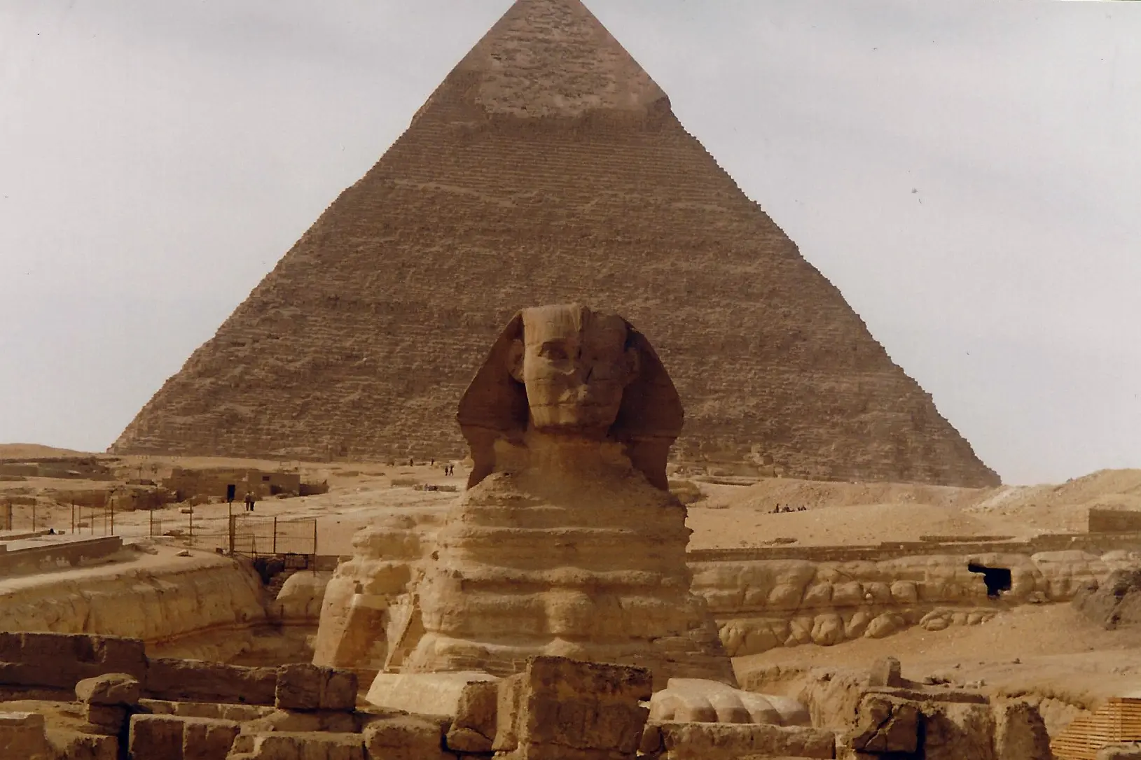 The Great Sphinx in front of the Pyramid of Khafre in Egypt.
