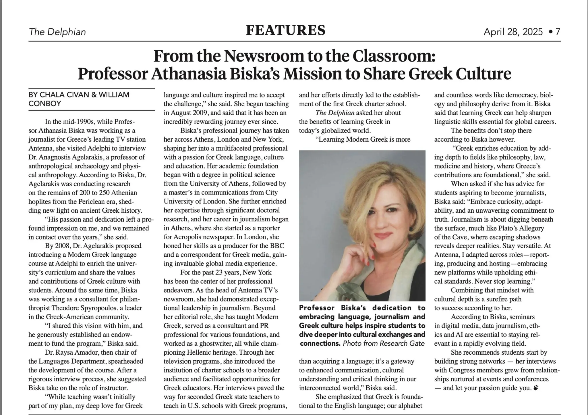 Article featuring Anastasia Biskis's mission to share Greek culture through education.