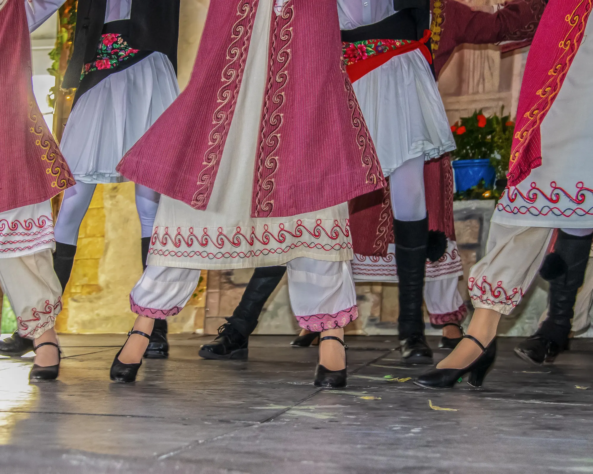 Traditional dancers performing in embroidered costumes.