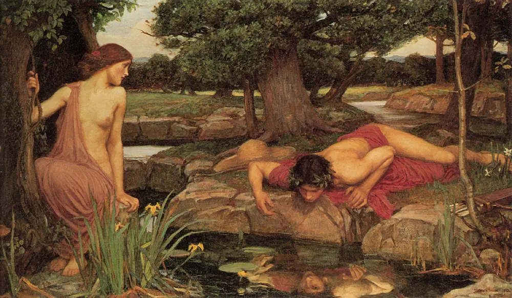 Two boys by a pond, one drinking water, surrounded by nature.