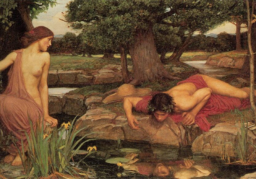 Two boys near a pond, one drinking water, the other watching.